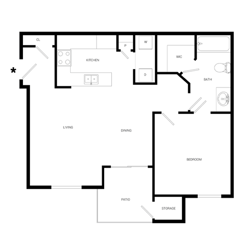 Floor plan for 1 bed, 1 bath, 752 sqft